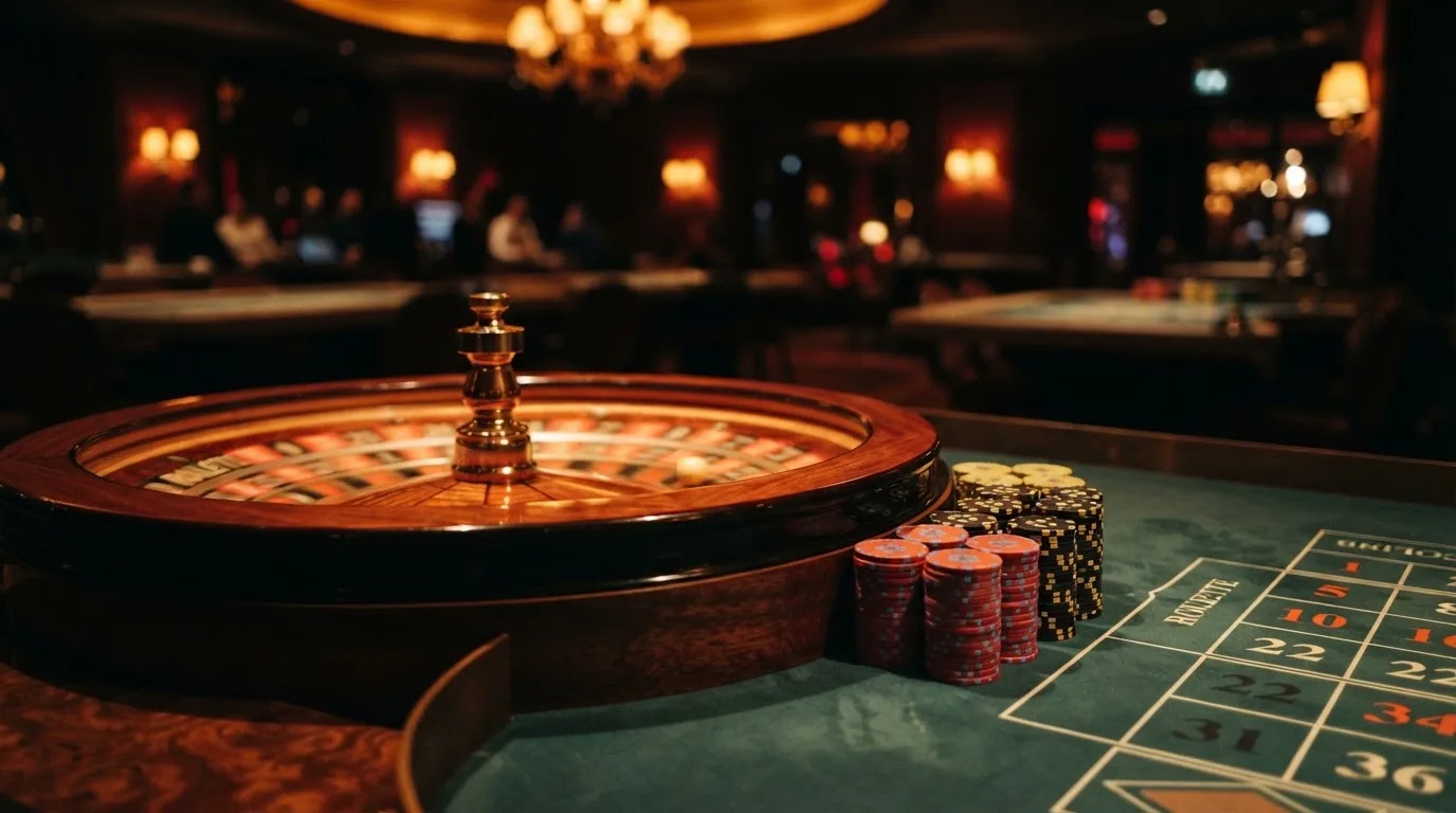 Roulettehjul och spelmarker på grön filt i varmt kvällsljus — 10 euro casino i sverige