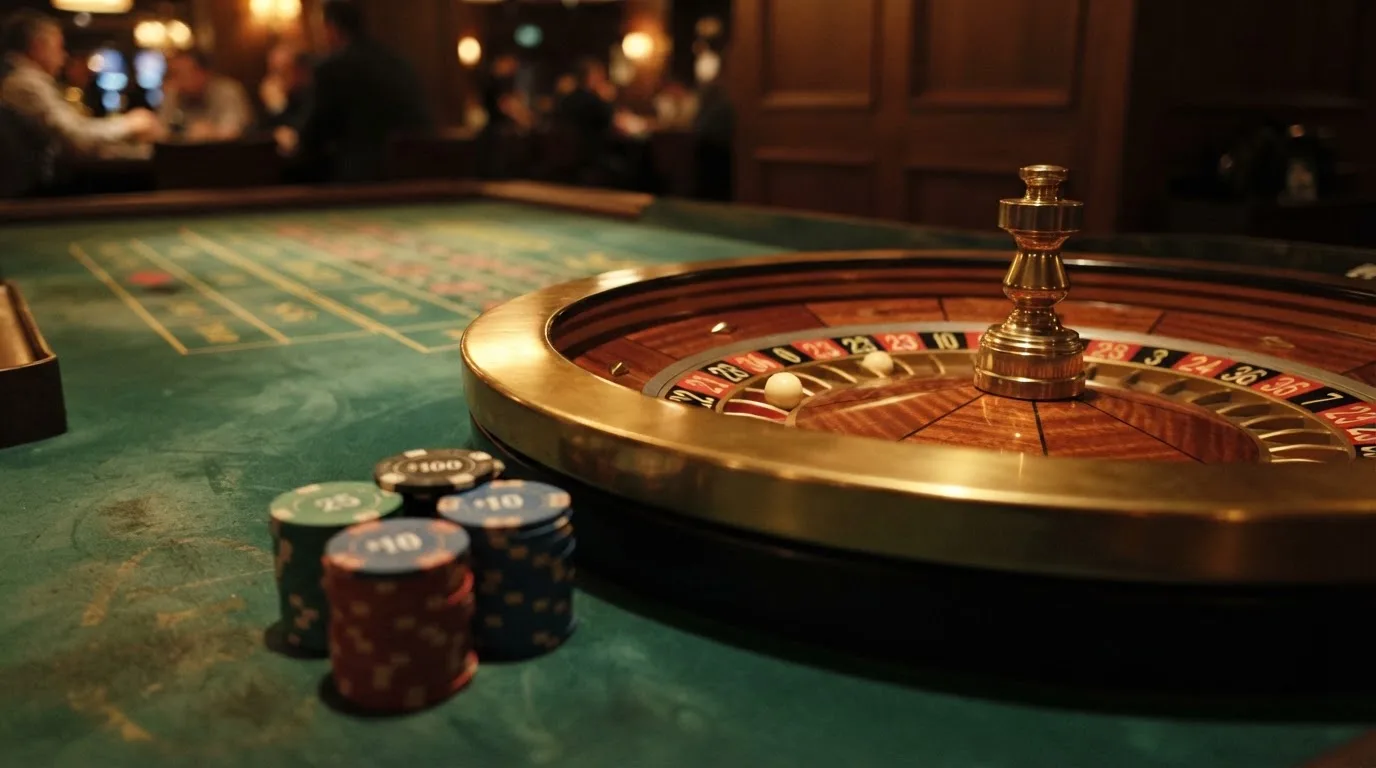 Roulettehjul och spelmarker på grön filt i varmt kvällsljus — 10 free spins casino i sverige