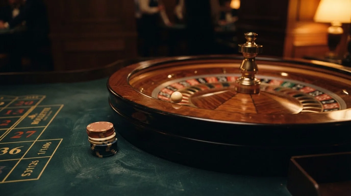 Roulettehjul och spelmarker på grön filt i varmt kvällsljus — 10 kr casino i sverige