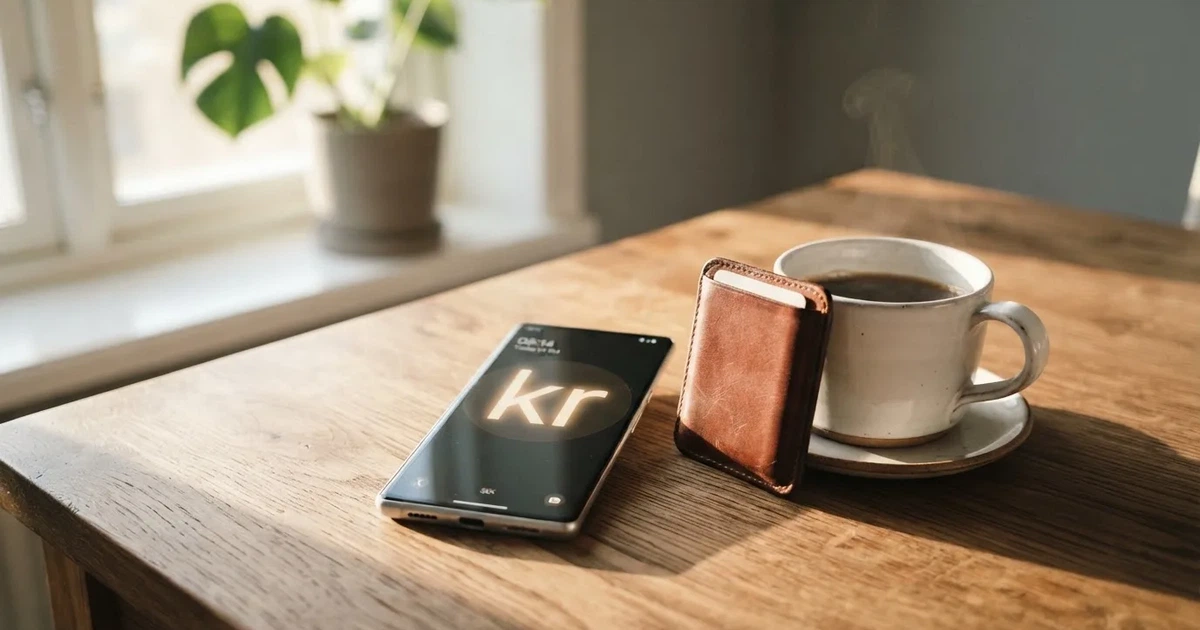 Mobiltelefon på ett träbord bredvid en plånbok och en kopp kaffe — 10 kr casino i sverige