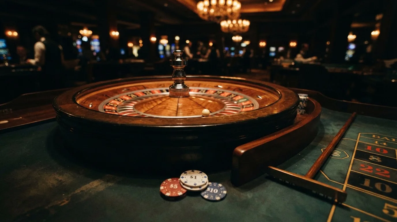 Roulettehjul och spelmarker på grön filt i varmt kvällsljus — 100 euro casino i sverige