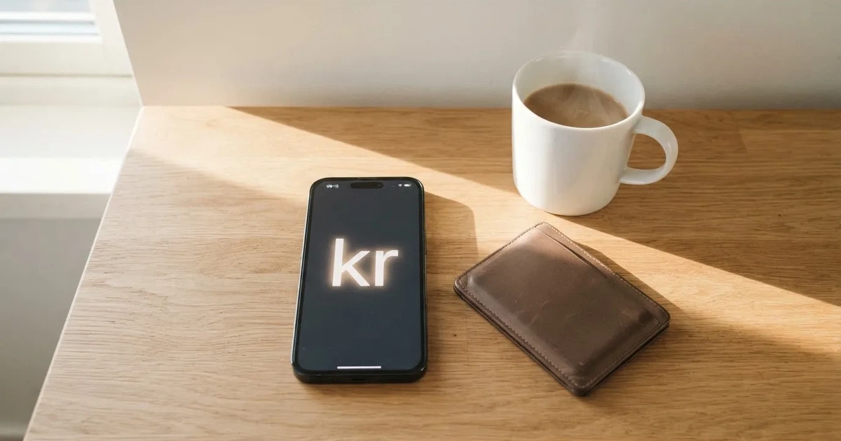 Mobiltelefon på ett träbord bredvid en plånbok och en kopp kaffe — 100 euro casino i sverige