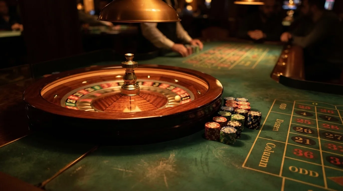 Roulettehjul och spelmarker på grön filt i varmt kvällsljus — 100 free spins casino i sverige