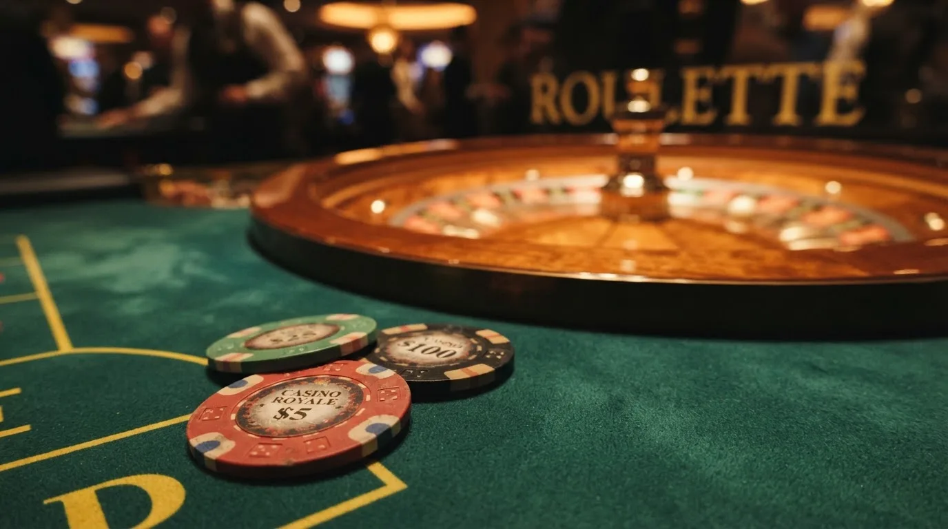 Roulettehjul och spelmarker på grön filt i varmt kvällsljus — 150 free spins casino i sverige