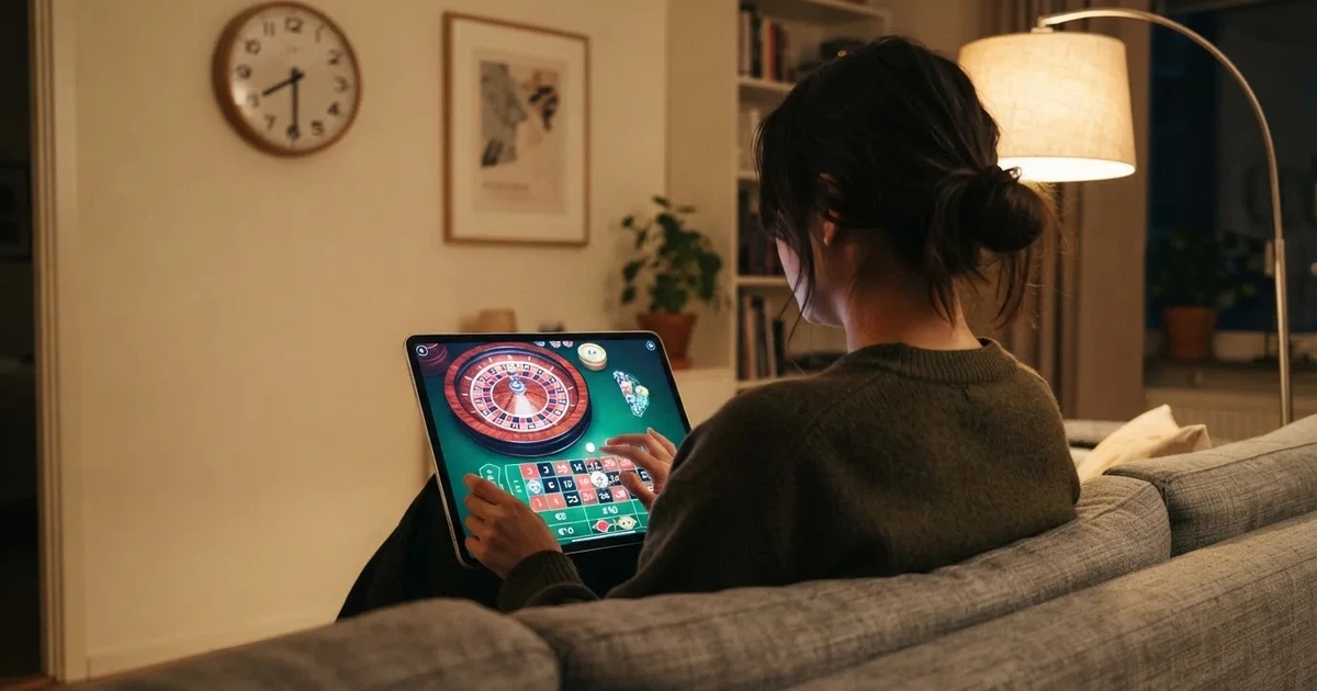 Person i en soffa ser eftertänksamt på en surfplatta, en klocka på väggen bakom — 150 free spins casino i sverige