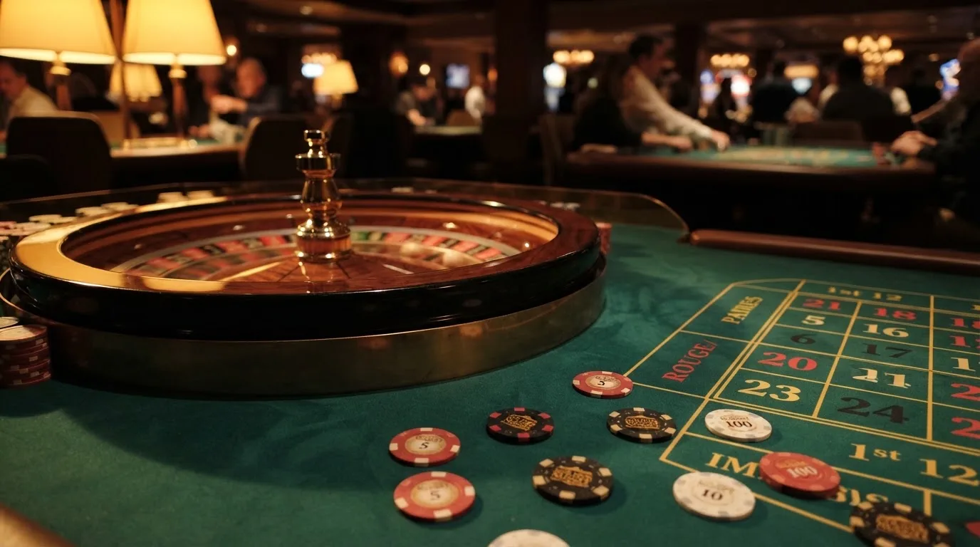Roulettehjul och spelmarker på grön filt i varmt kvällsljus — bästa blackjack i sverige