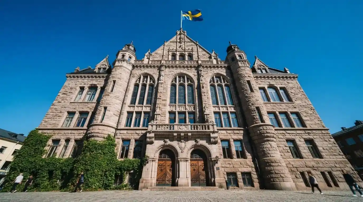 Ett gammalt stadshus i sten fotograferat underifrån mot en klarblå himmel, med den svenska flaggan som fladdrar ovanför entrén.
