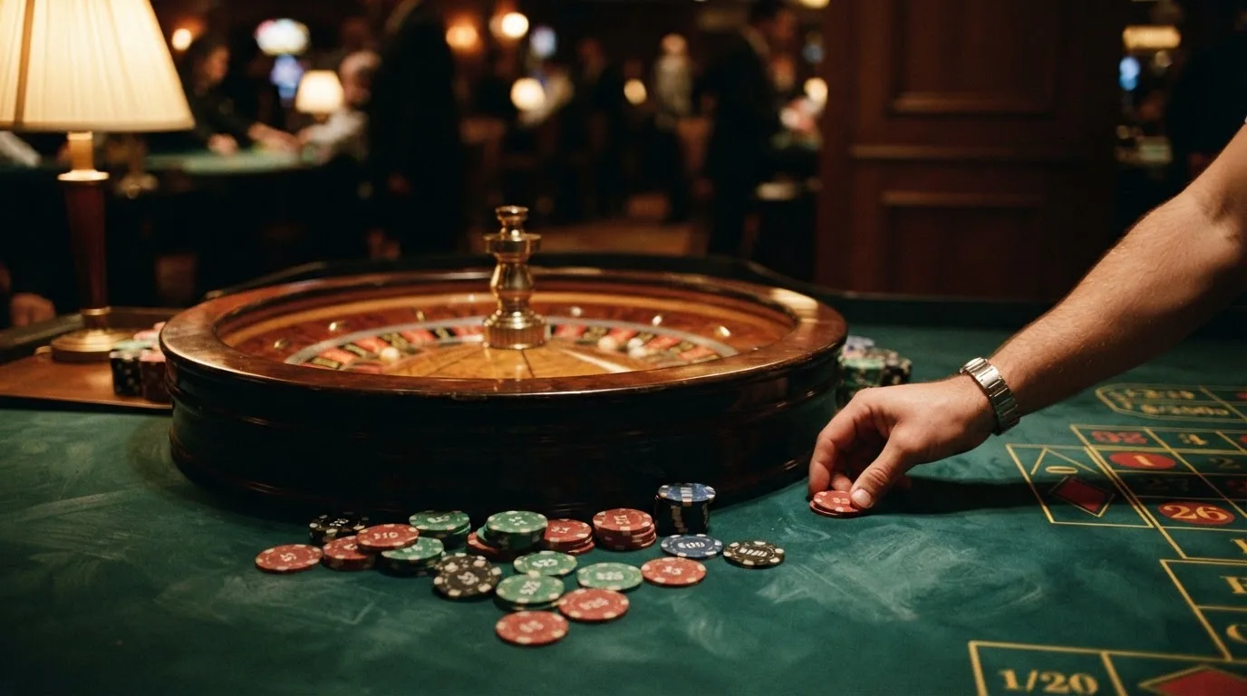 Roulettehjul och spelmarker på grön filt i varmt kvällsljus — blackjack gratis i sverige