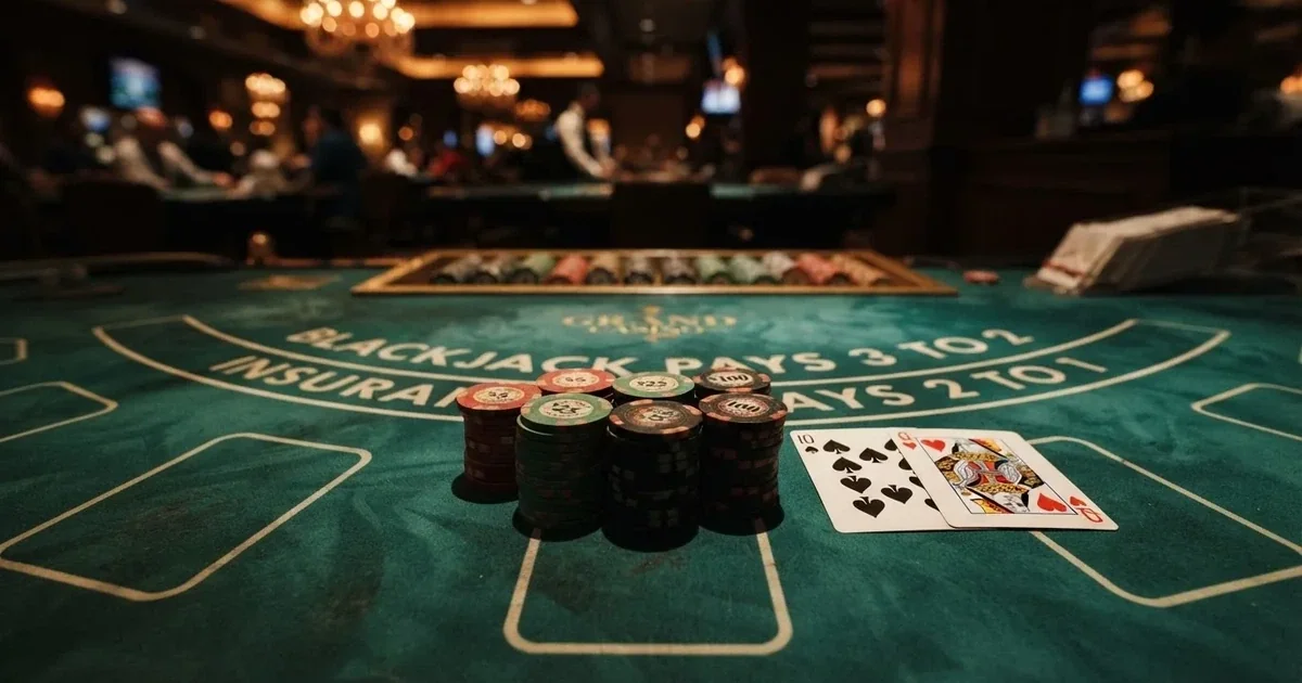 Upplyst spelbord med kort, sett ovanifrån — blackjack gratis i sverige