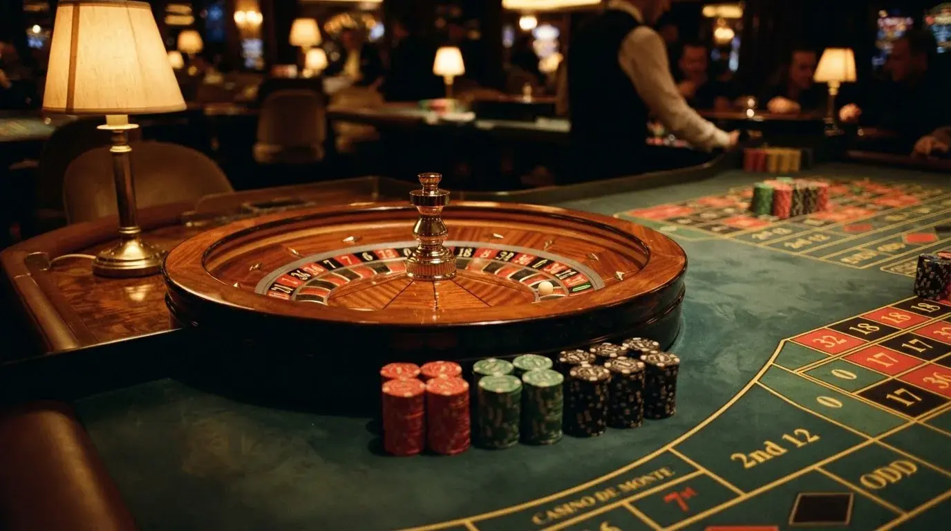 Roulettehjul och spelmarker på grön filt i varmt kvällsljus — blackjack med live dealer i sverige