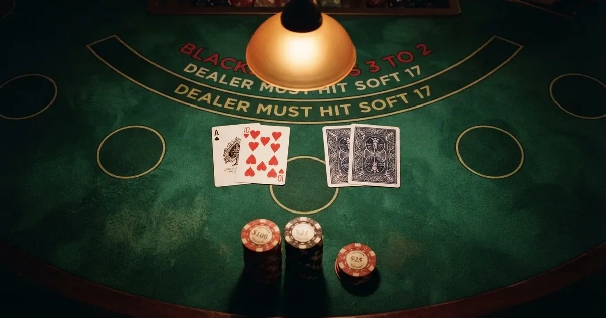 Upplyst spelbord med kort, sett ovanifrån — blackjack med live dealer i sverige