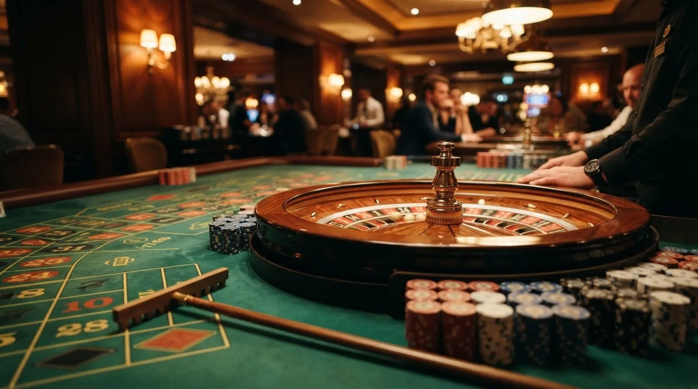 Roulettehjul och spelmarker på grön filt i varmt kvällsljus — blackjack på nätet i sverige