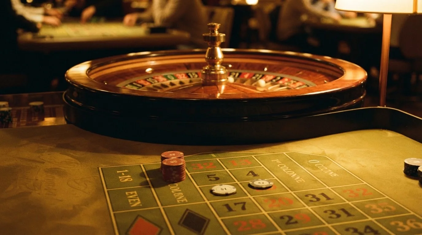 Roulettehjul och spelmarker på grön filt i varmt kvällsljus — bra svenska casinon