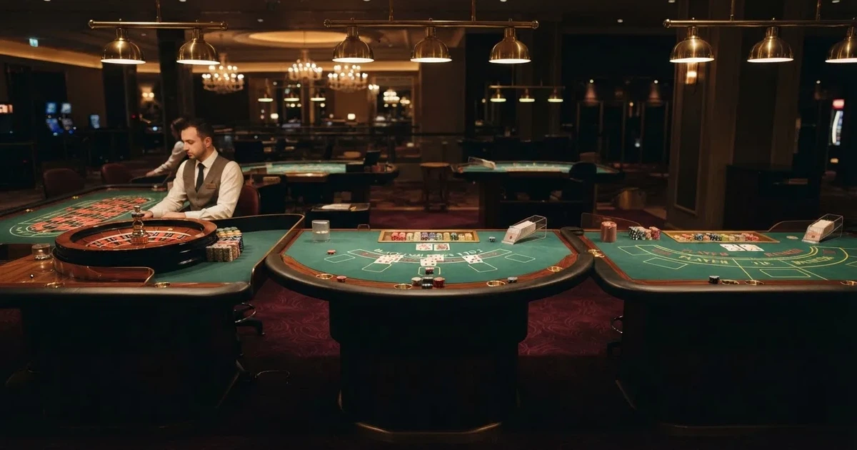 Tre olika spelbord bredvid varandra i en lugn, varmt upplyst spelsal — bra svenska casinon