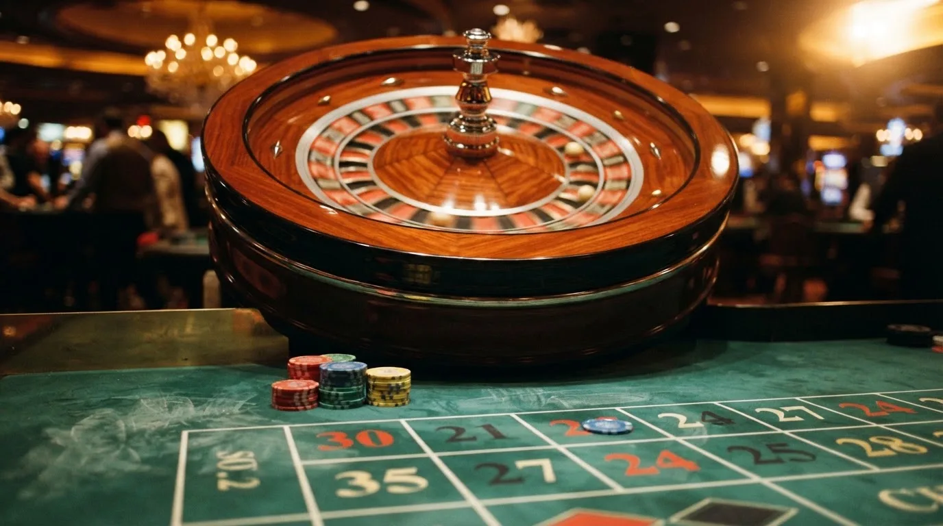 Roulettehjul och spelmarker på grön filt i varmt kvällsljus — casino regler för svenskar