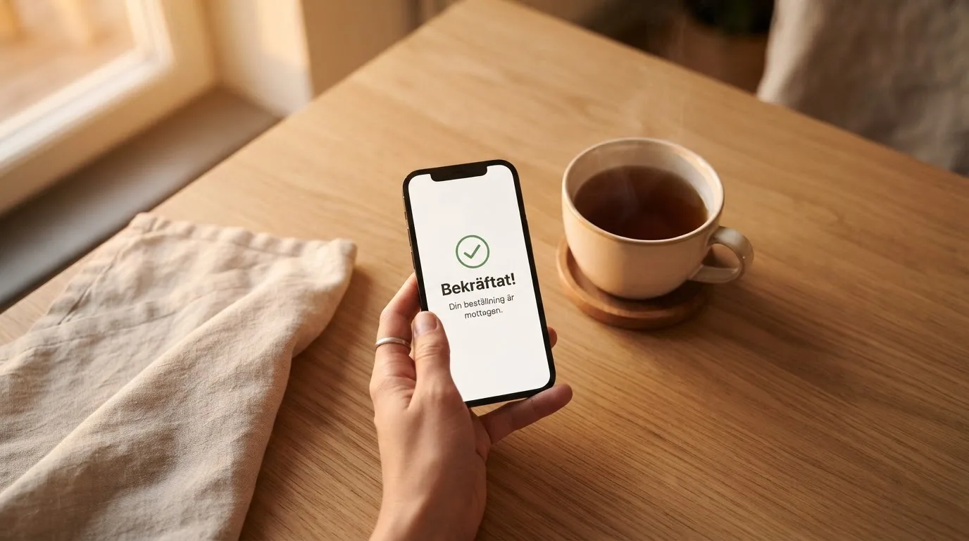 Hand håller en mobiltelefon bredvid en kopp te vid ett köksbord en lugn kväll — casino regler för svenskar
