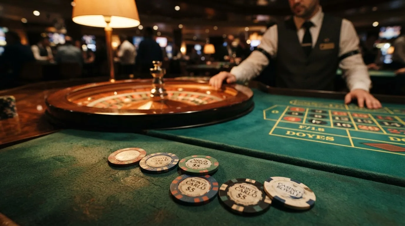 Roulettehjul och spelmarker på grön filt i varmt kvällsljus — casinon med bankid i sverige