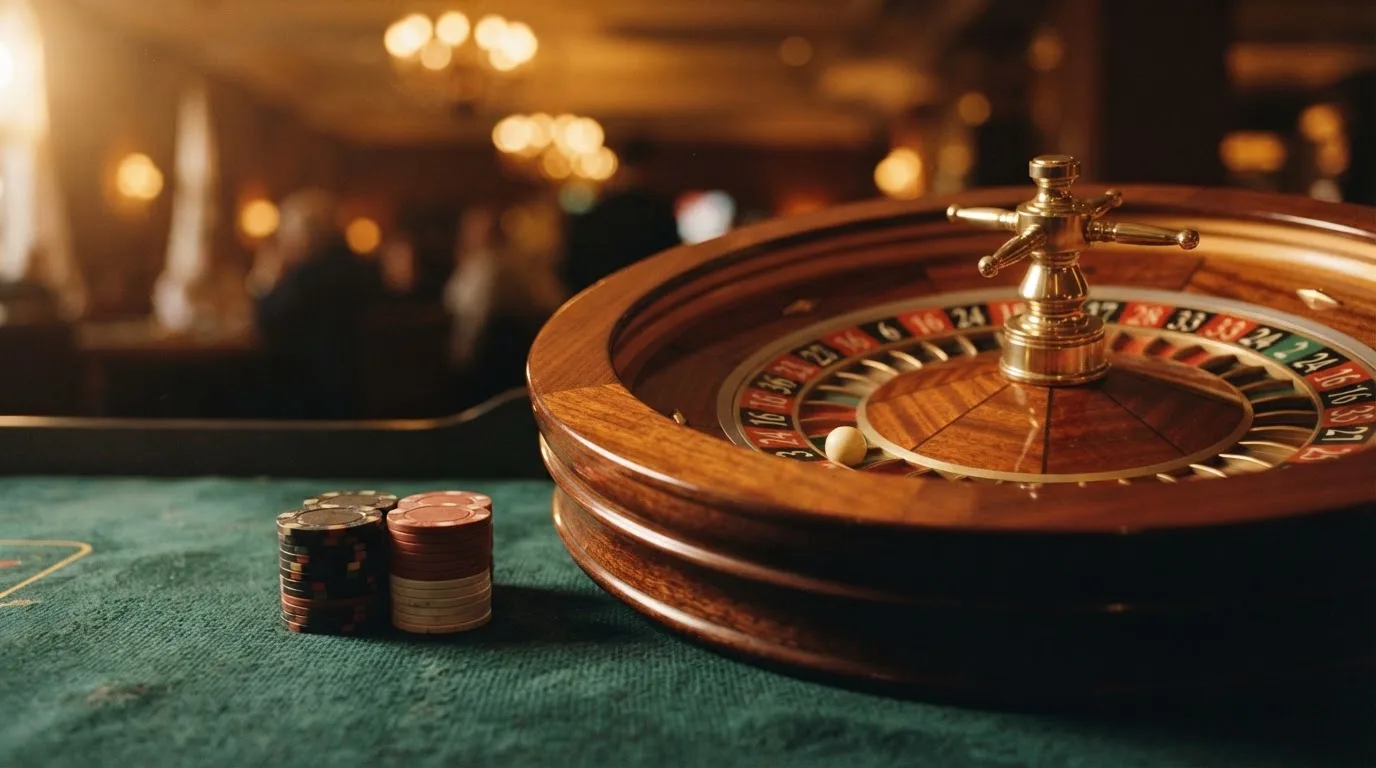 Roulettehjul och spelmarker på grön filt i varmt kvällsljus — casinon med curaçao licens