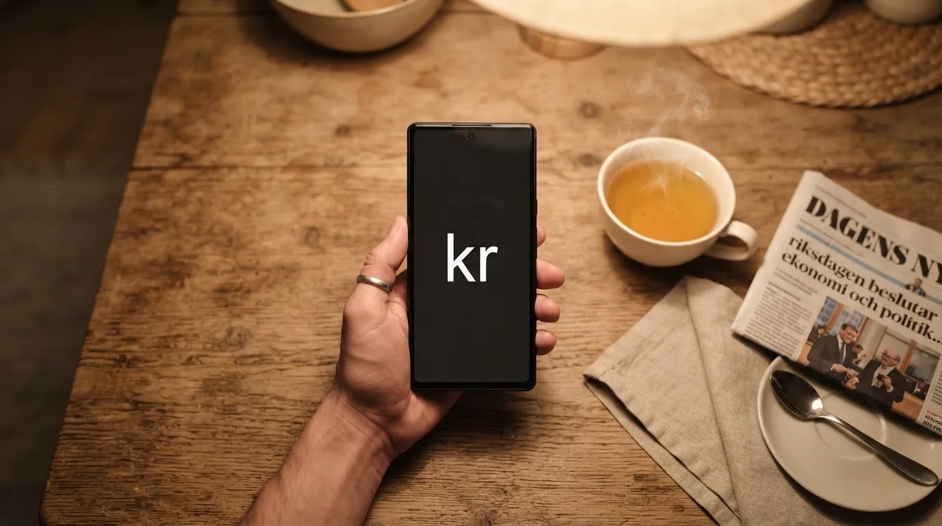 Hand håller en mobiltelefon bredvid en kopp te vid ett köksbord en lugn kväll — casinon med curaçao licens
