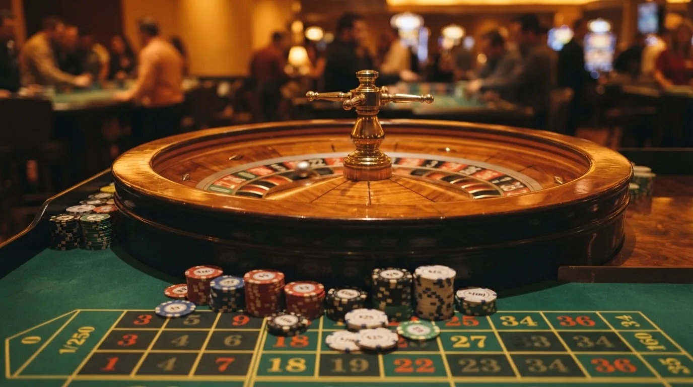 Roulettehjul och spelmarker på grön filt i varmt kvällsljus — casinon med jackpot i sverige