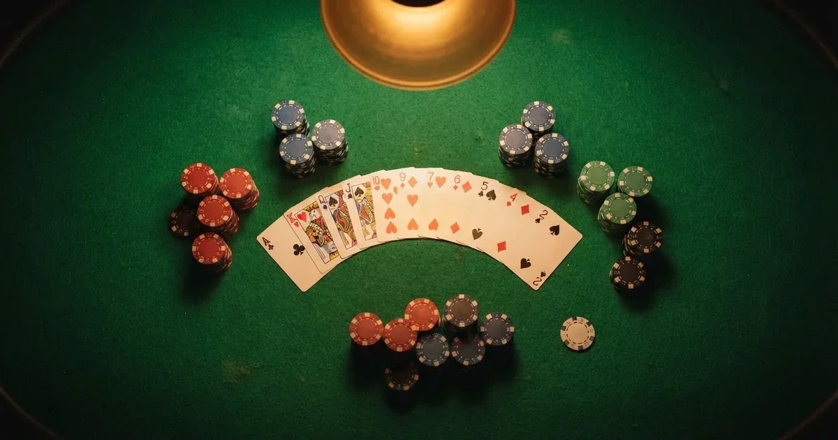 Upplyst spelbord med kort, sett ovanifrån — casinon med jackpot i sverige