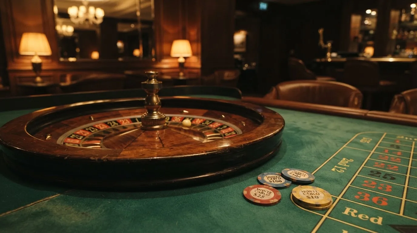 Roulettehjul och spelmarker på grön filt i varmt kvällsljus — casinon med slots i sverige