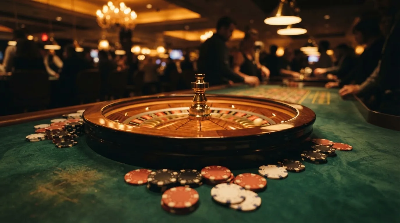 Roulettehjul och spelmarker på grön filt i varmt kvällsljus — casinon med uttag i sverige
