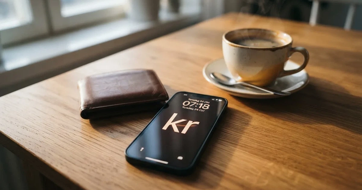 Mobiltelefon på ett träbord bredvid en plånbok och en kopp kaffe — casinon med uttag i sverige