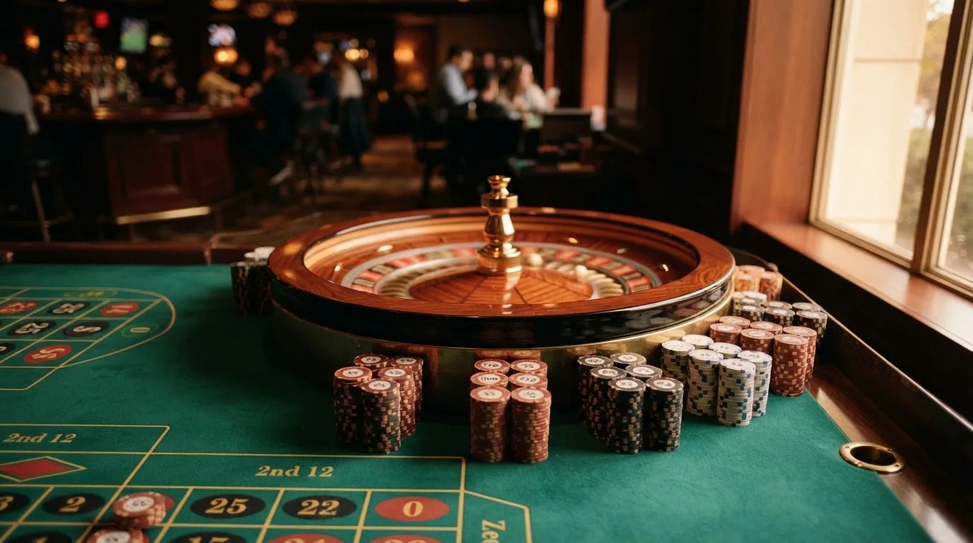 Roulettehjul och spelmarker på grön filt i varmt kvällsljus — casinon utan bankid i sverige