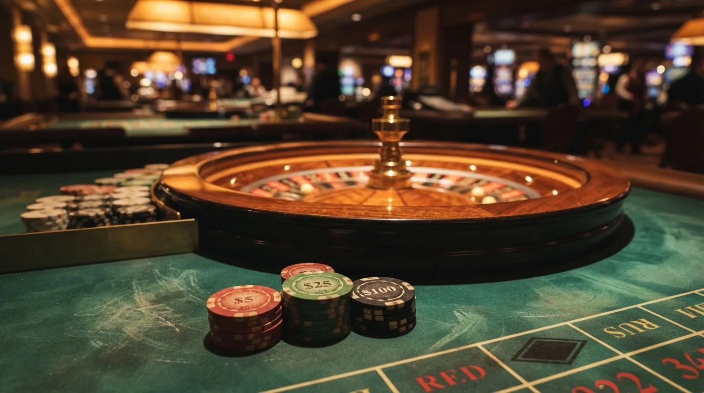 Roulettehjul och spelmarker på grön filt i varmt kvällsljus — casinon utan spelgräns i sverige