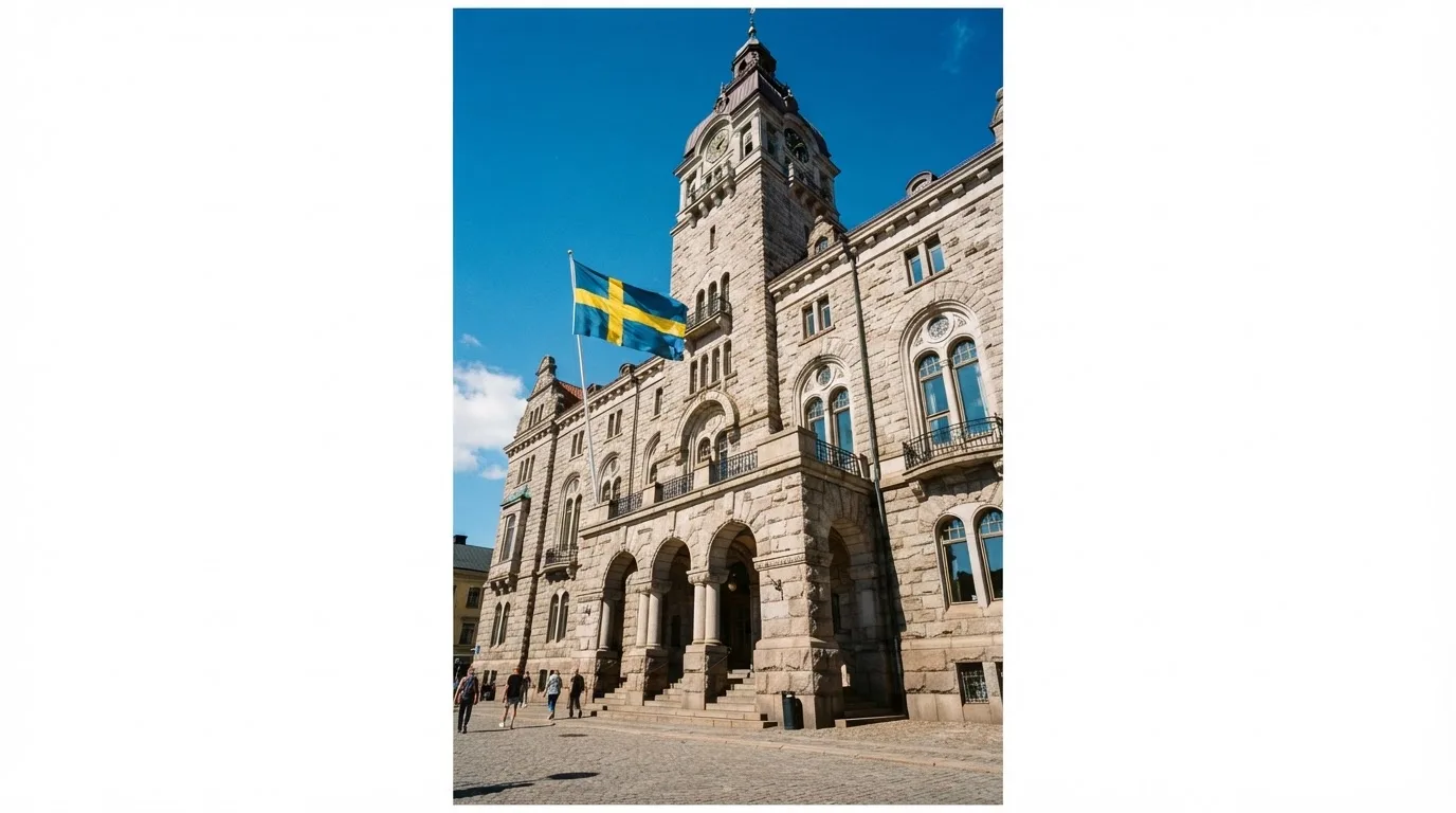 Ett gammalt stadshus i sten fotograferat underifrån mot en klarblå himmel, med den svenska flaggan som fladdrar ovanför entrén.