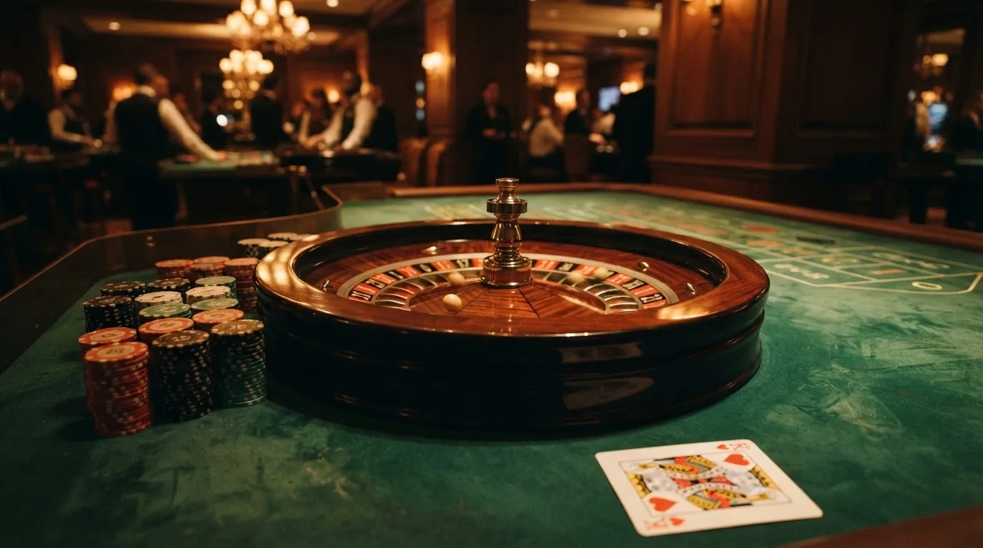Roulettehjul och spelmarker på grön filt i varmt kvällsljus — lightning roulette i sverige