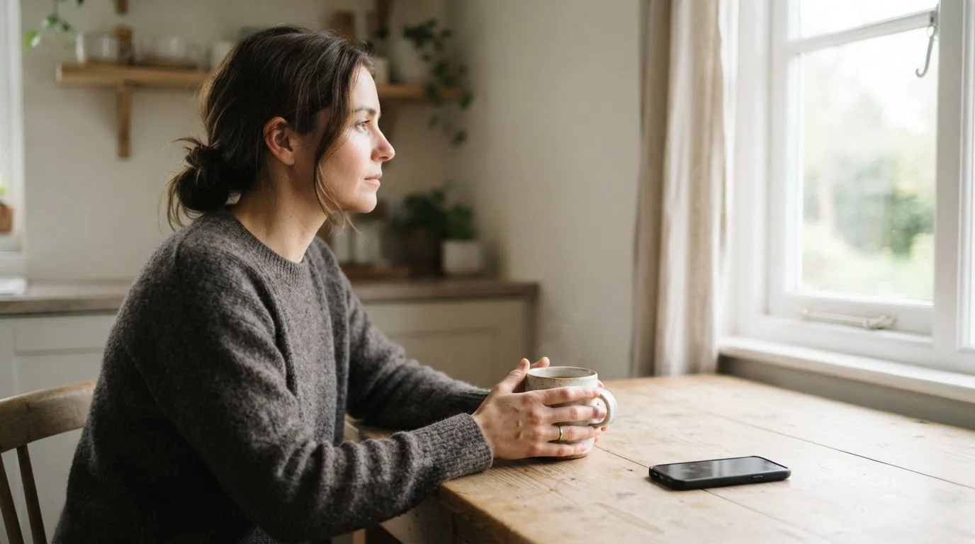 En person sitter vid köksbordet med en kopp té, blicken vänd mot fönstret, medan mobilen ligger nedvänd på bordet bredvid.