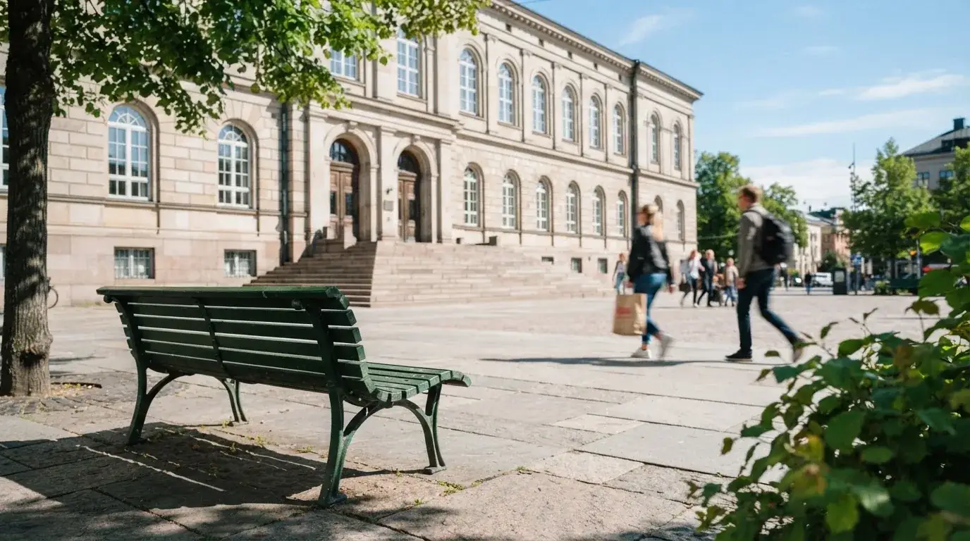 En parkbänk står i förgrunden utanför en myndighetsliknande byggnad, med suddiga förbipasserande i bakgrunden en solig eftermiddag.