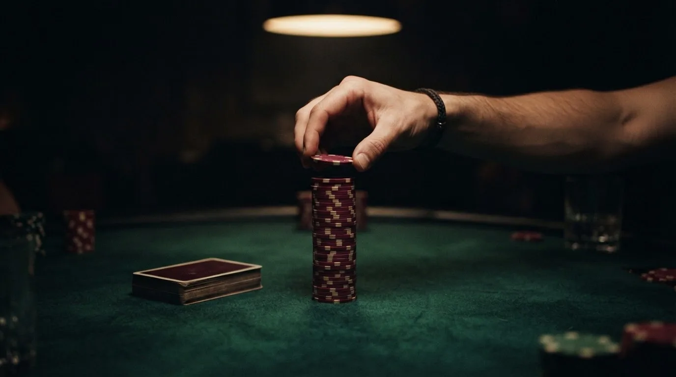 Ett par händer lägger ut spelmarker i en hög symmetrisk trave bredvid en kortlek på ett grönt bord i dämpad belysning.