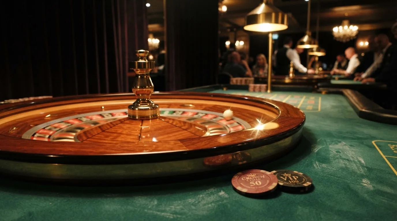 Roulettehjul och spelmarker på grön filt i varmt kvällsljus — svenska casinon med bitcoin