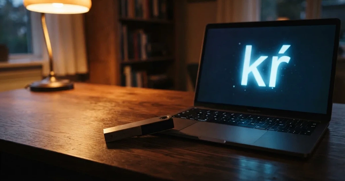 Hårdvaruplånbok och bärbar dator på ett skrivbord i dämpat ljus — svenska casinon med bitcoin