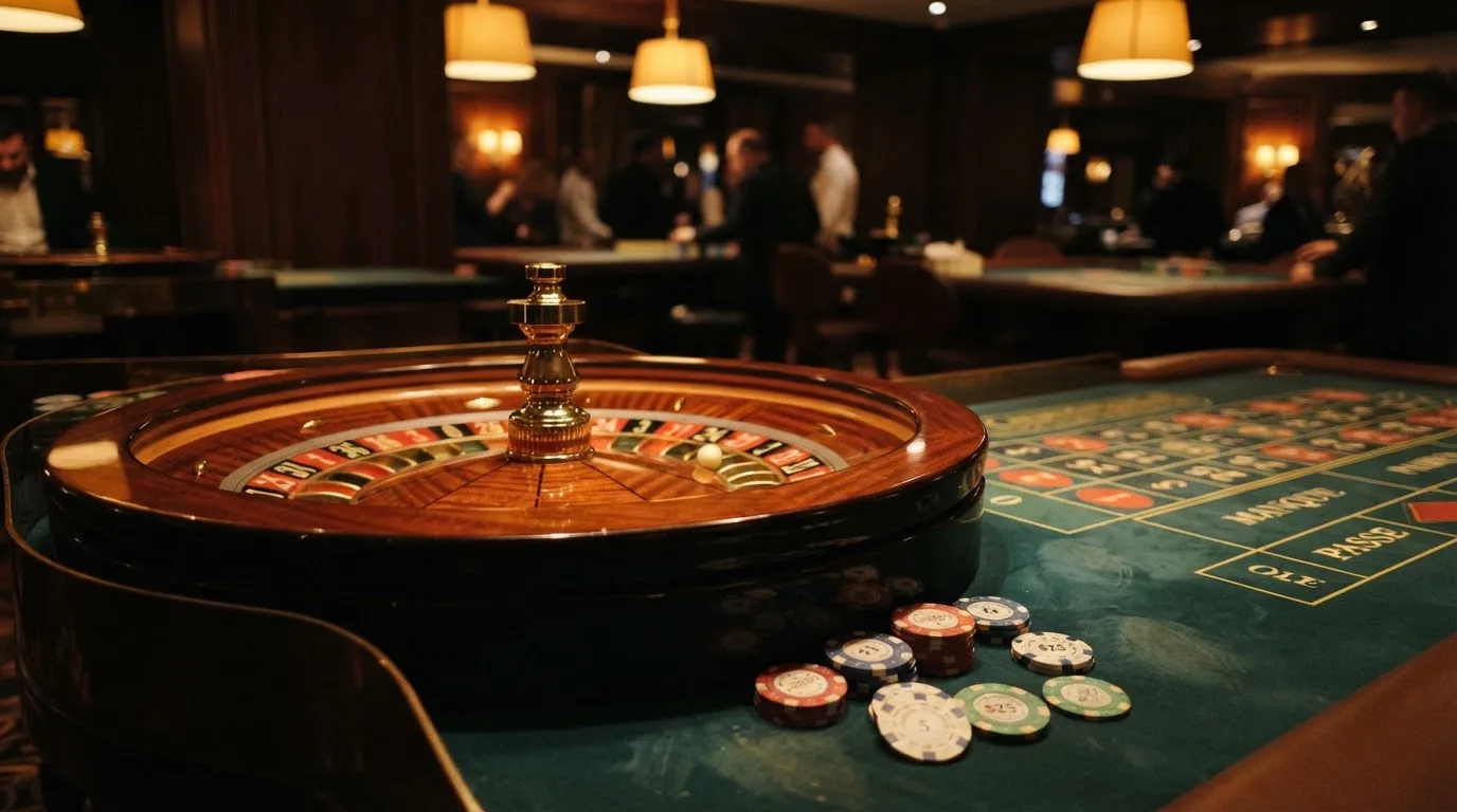 Roulettehjul och spelmarker på grön filt i varmt kvällsljus — svenska casinon med dogecoin