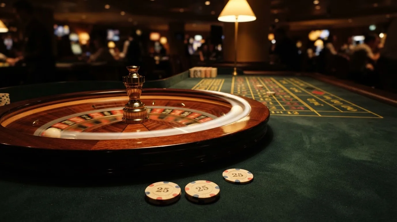 Roulettehjul och spelmarker på grön filt i varmt kvällsljus — svenska casinon på android