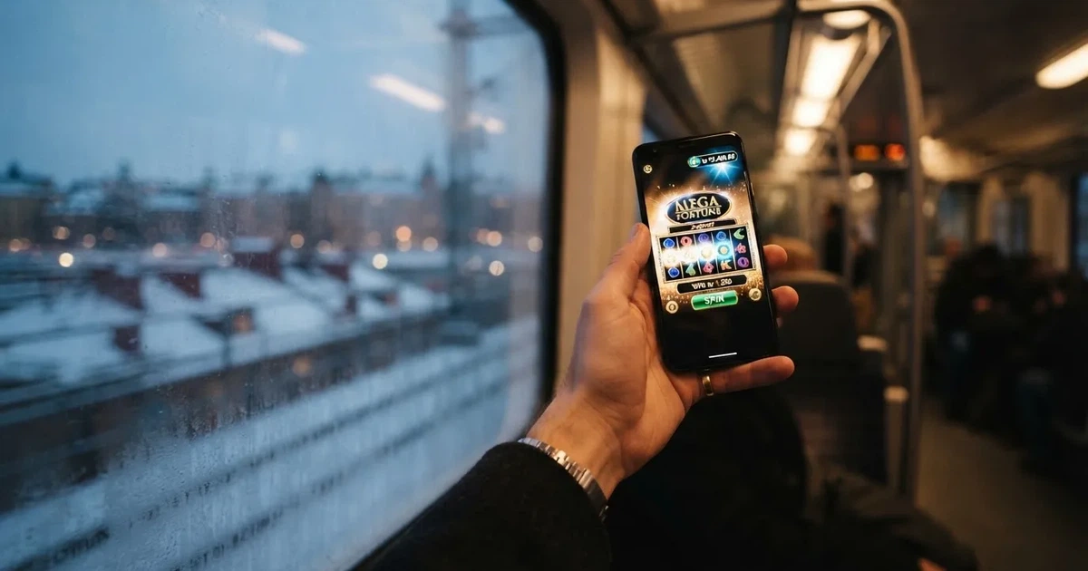 Mobiltelefon i handen på en pendeltåg i Stockholm en vinterkväll — svenska casinon på android